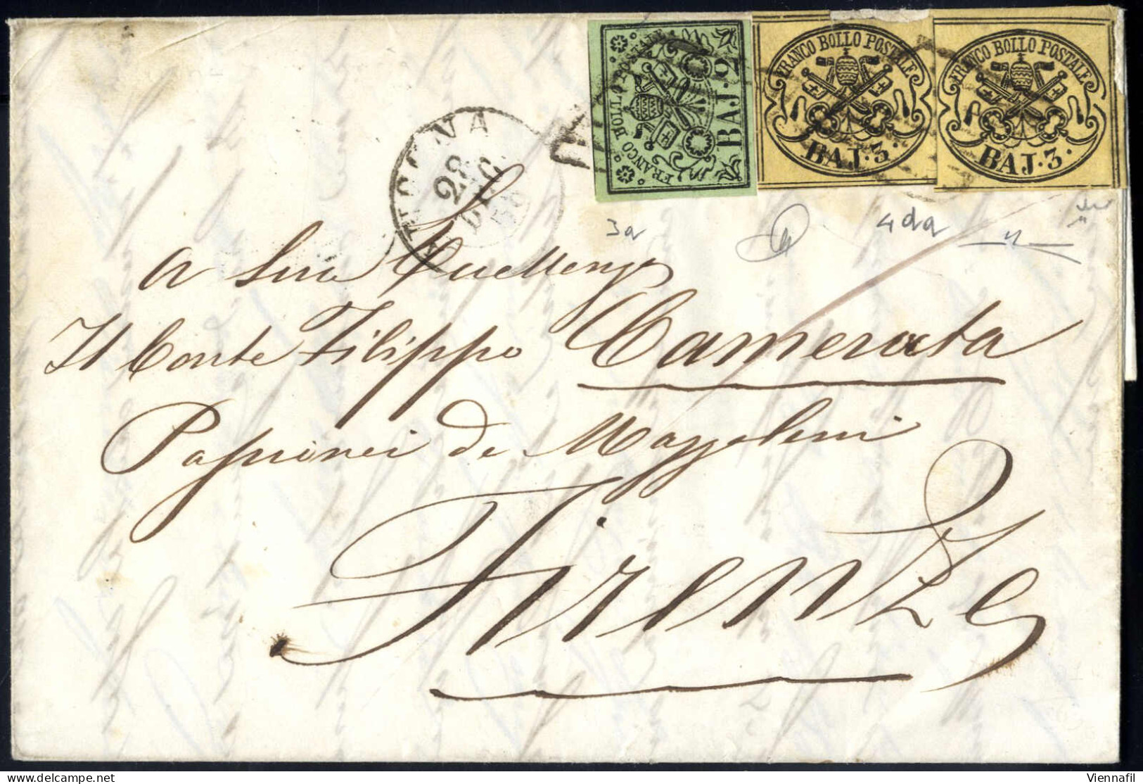 Cover 1858, Lettera Del 28.12.1858 Da Ancona A Firenze, Affrancata Per Il Primo Porto Di 8 Baj. Con 2 Baj. Verde Giallas - Papal States