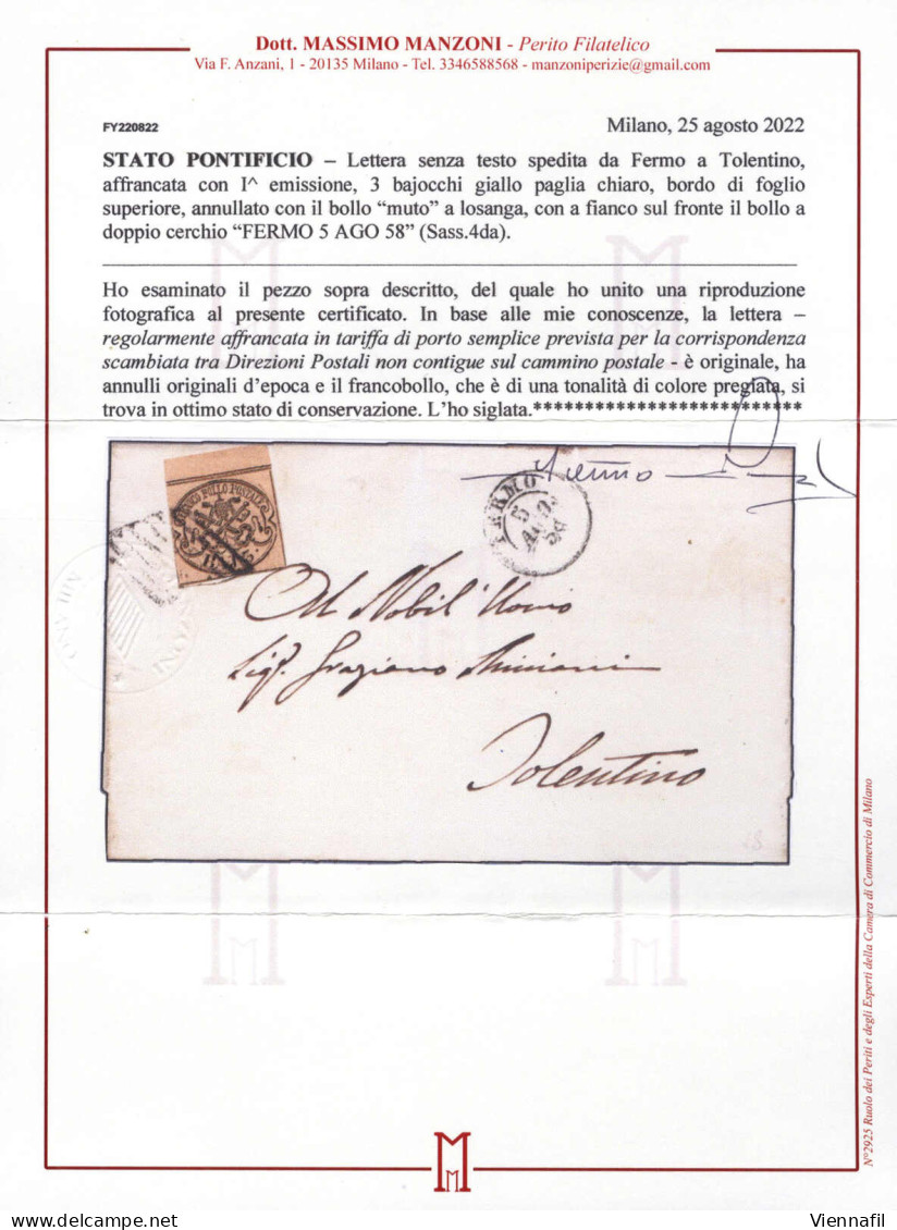 Cover 1858, Lettera Del 5.8.1858 Da Fermo A Tolentino, Affrancata Con 3 Baj. Giallo Paglia Chiaro, Bordo Di Foglio In Al - Etats Pontificaux