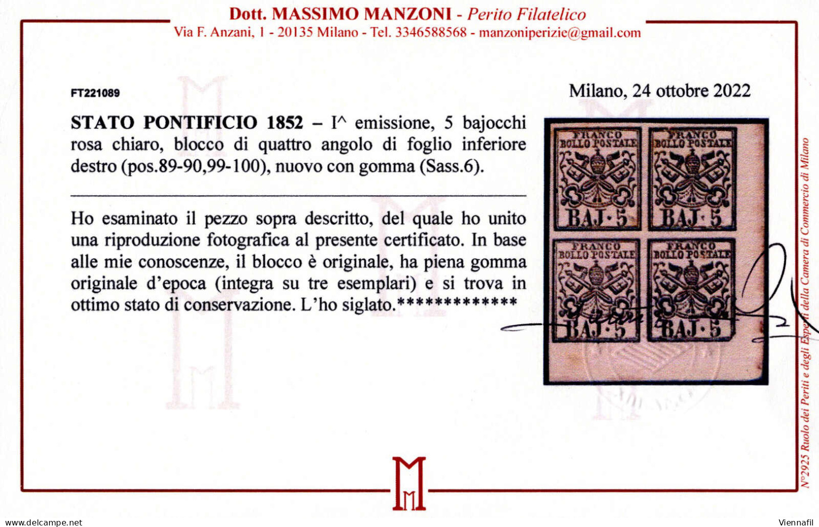 **/*/bof 1852, 5 Baj. Rosa Chiaro, Blocco Di Quattro, Angolo Di Foglio Inferiore Destro (pos. 89-90, 99-100), Nuovo Con  - Estados Pontificados