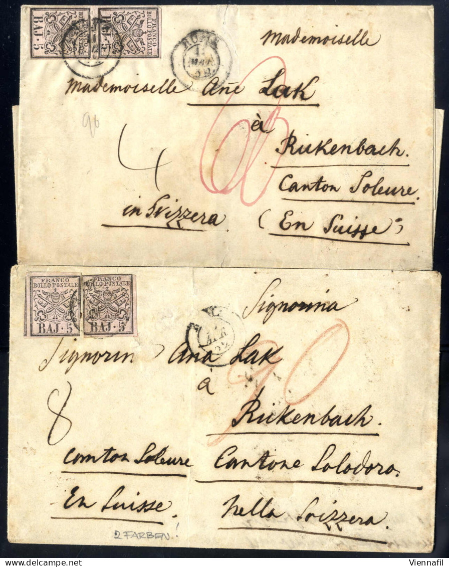 Cover 1852, Due Lettere Affrancate Per 10 B. Con Coppia Verticale 5 B. Rosa Chiaro Da Roma Per Bickenbach (Svizzera) Tas - Estados Pontificados