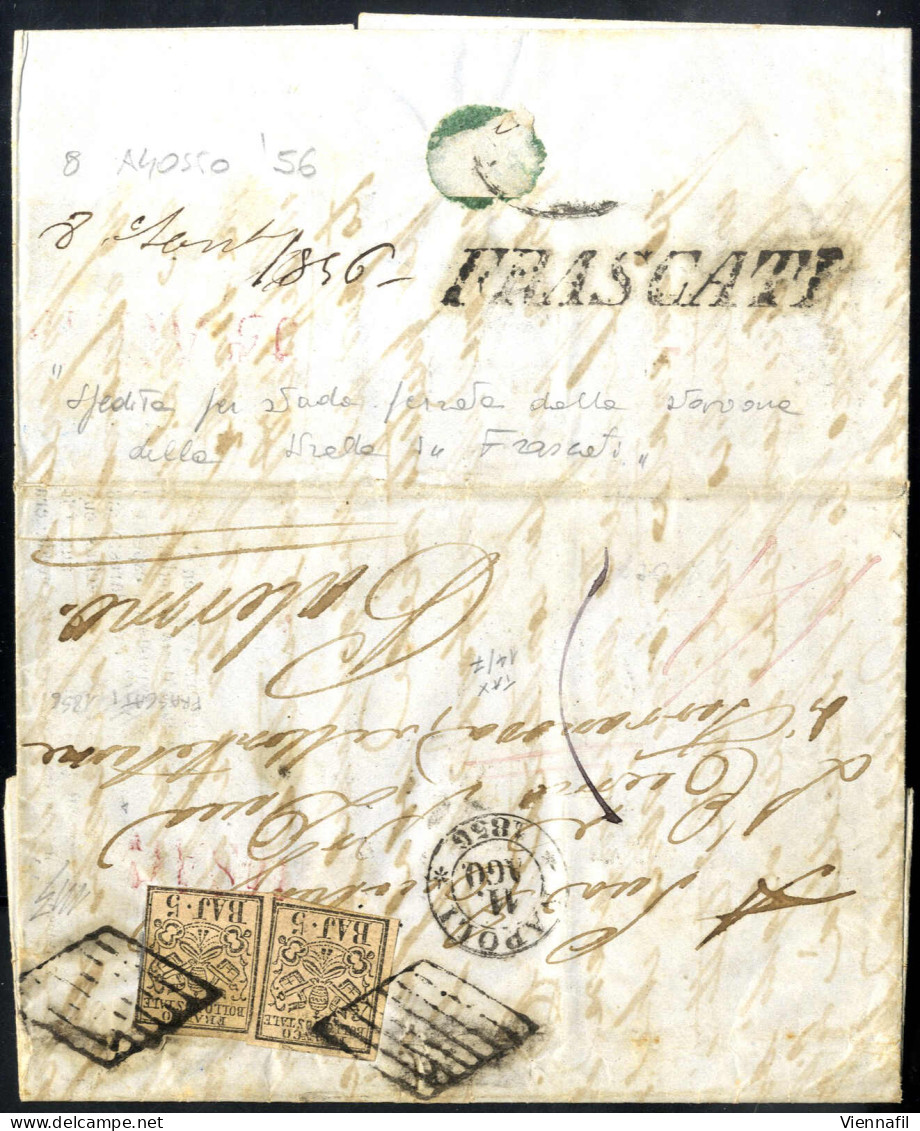 Cover 1856, Lettera Da Frascati Il 8.8 Per Palermo, Sul Verso Bollo SI FRASCATI In Uso Sulla Strada Ferrata, Affrancata  - Papal States