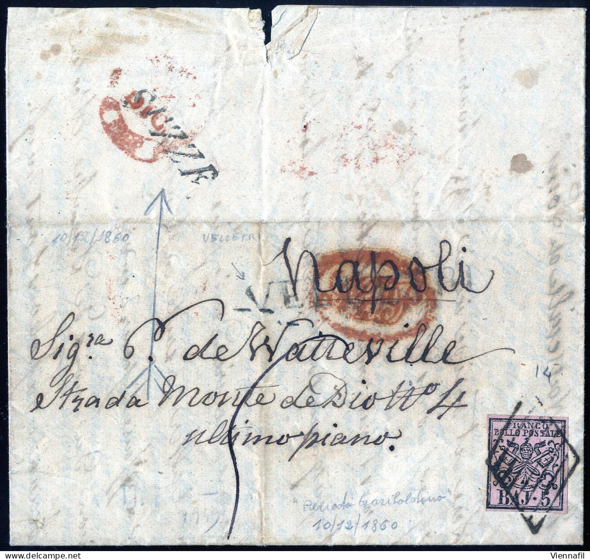 Cover 1860, Lettera Da Sezze Il 10.12 Per Napoli Affrancata Con 5 B. Rosa Chiaro, Sul Recto Bollo SD Velletri, (periodo  - Kirchenstaaten