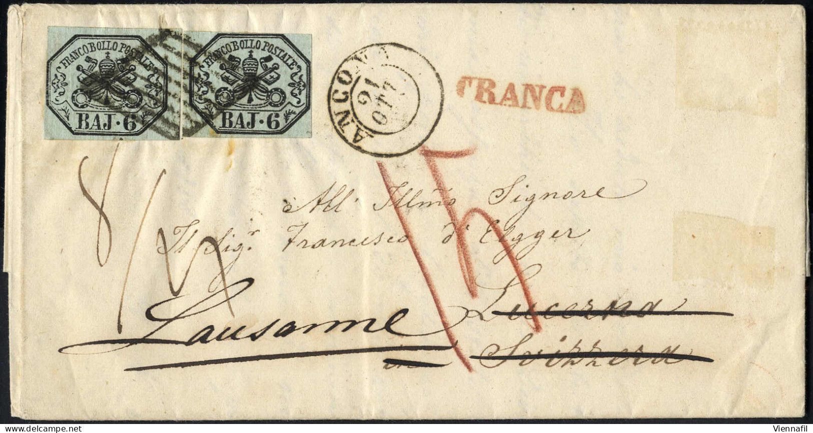 Cover 1858, Lettera Da Ancona Il 21.10 Per Lucerna Rispedita Per Losanna (Svizzera) Affrancata Con Due 6 B. Grigio Verda - Etats Pontificaux