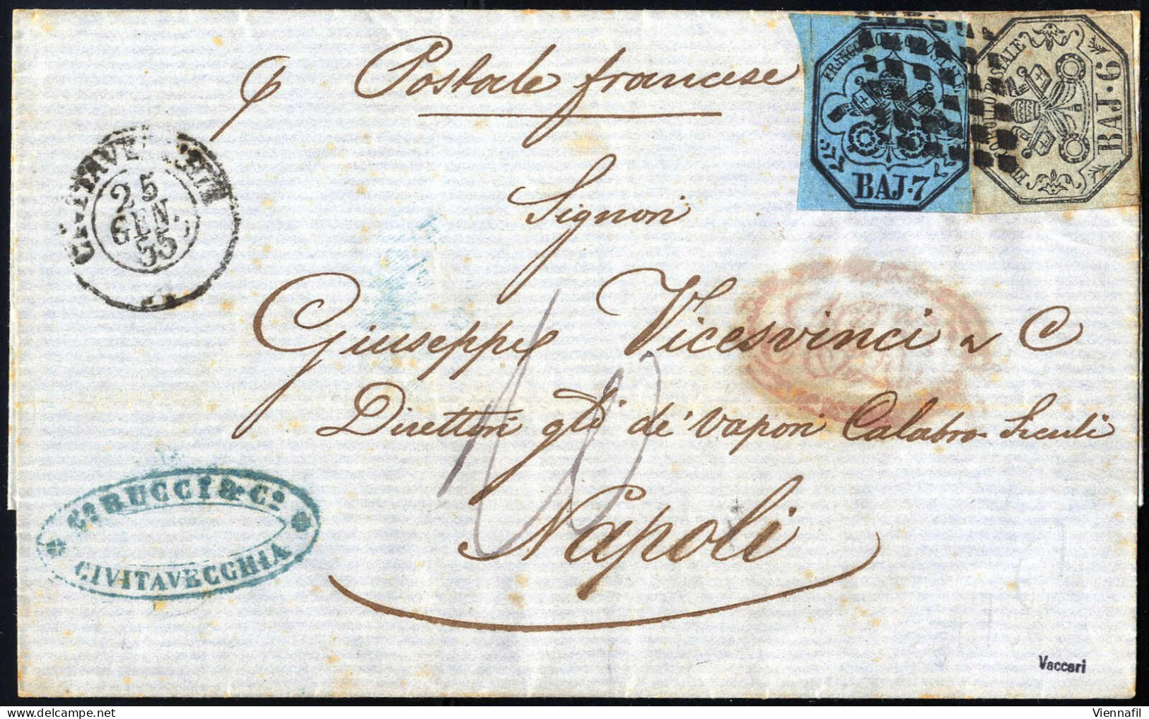 Cover 1855, Lettera Da Civitavecchia Il 25.1 Per Napoli Affrancata Con 6 B. Grigio Verdastro E 7 B. Azzurro, Via Di Mare - Kirchenstaaten