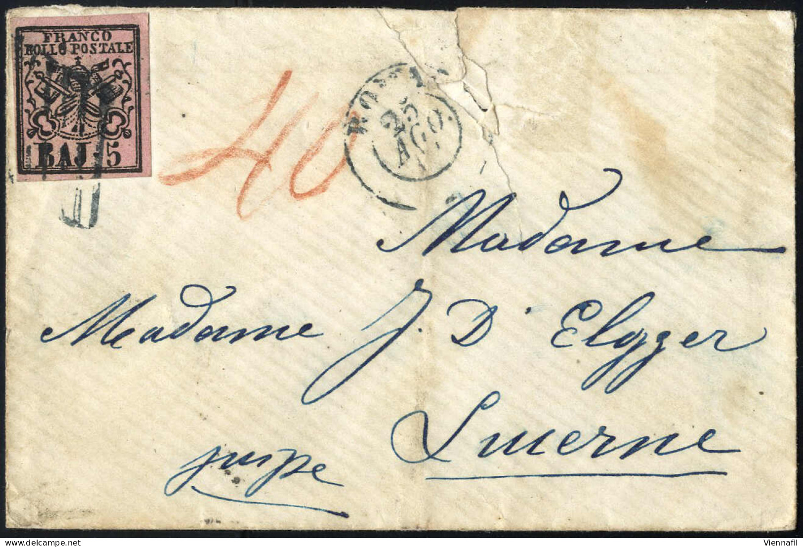 Cover 1854/58, Cinque Lettere Affrancate Per 3, 5, 10 (3+7) E 12 (6+6) Bajocchi, Tre Per Roma E Due Per Lucerna, Qualità - Etats Pontificaux