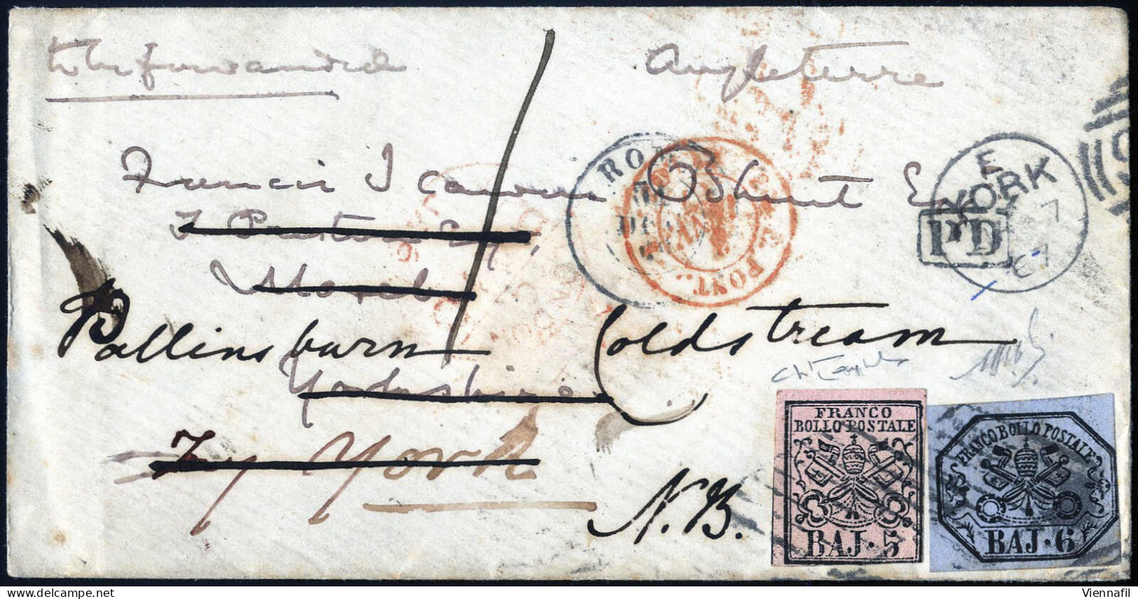 Cover 1866, Lettera Da Roma Del 31.12 Per New York Rispedita Per Coldstream Affrancata Con 5 B. Rosa Carminio E 6 B. Lil - Estados Pontificados