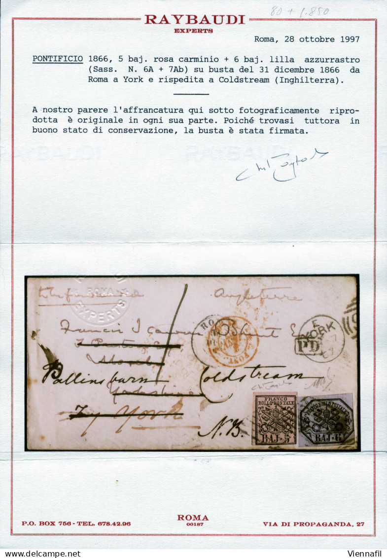 Cover 1866, Lettera Da Roma Del 31.12 Per New York Rispedita Per Coldstream Affrancata Con 5 B. Rosa Carminio E 6 B. Lil - Etats Pontificaux