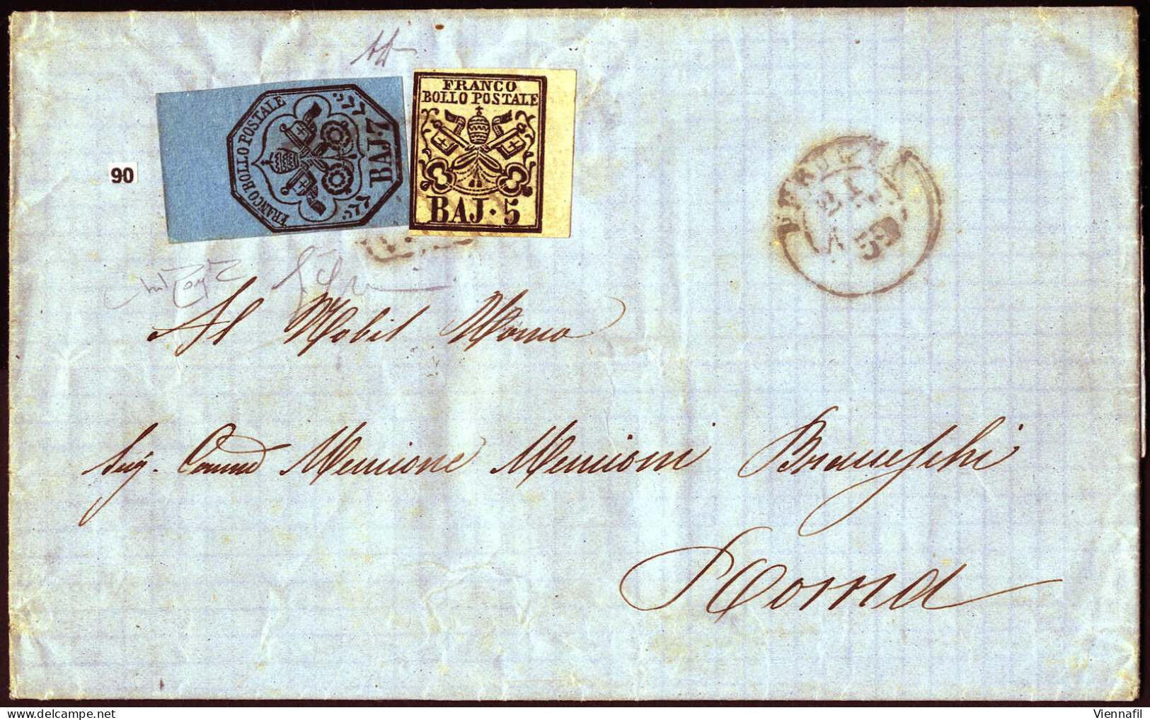 Cover 1859, Lettera Da Perugia Del 21.4 Per Roma Affrancata Con 5 B. Rosa Chiaro E 7 B. Azzurro Con Bordo Di Foglio In A - Estados Pontificados