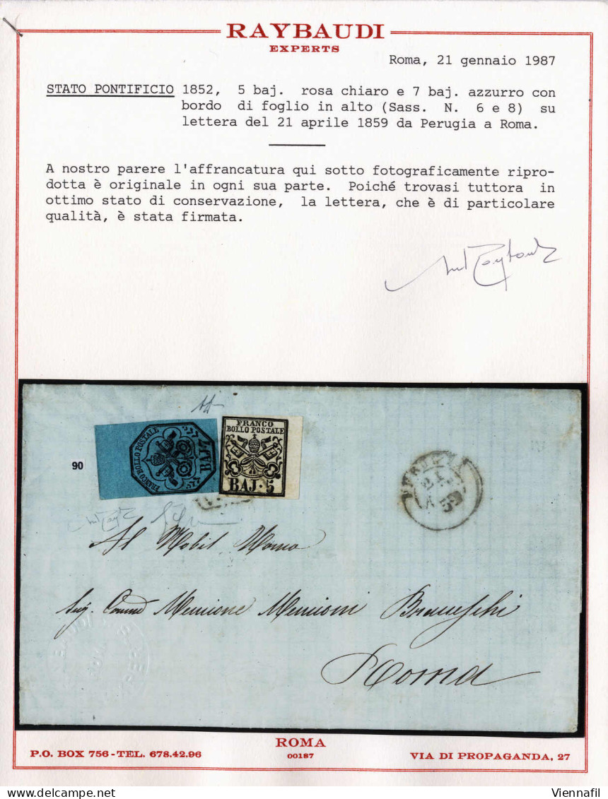 Cover 1859, Lettera Da Perugia Del 21.4 Per Roma Affrancata Con 5 B. Rosa Chiaro E 7 B. Azzurro Con Bordo Di Foglio In A - Etats Pontificaux