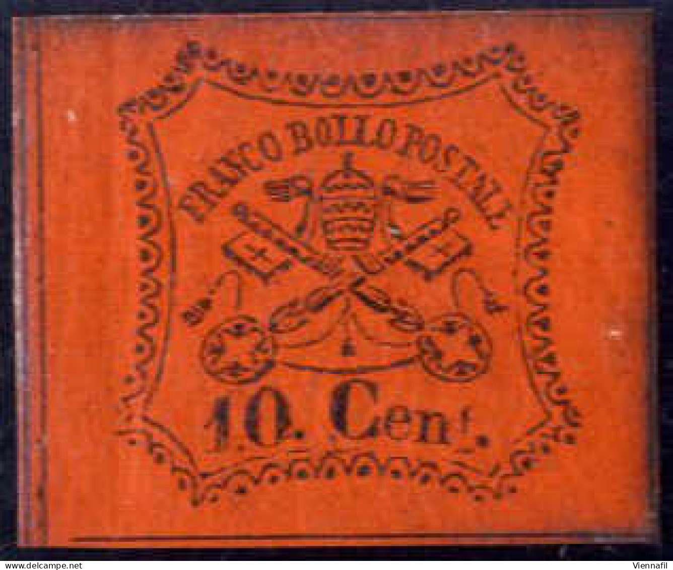 * 1867, Stemma, 10 C. Vermiglio Arancio Nuovo Linguellato, Firmata AD, Sass. 17 - Estados Pontificados