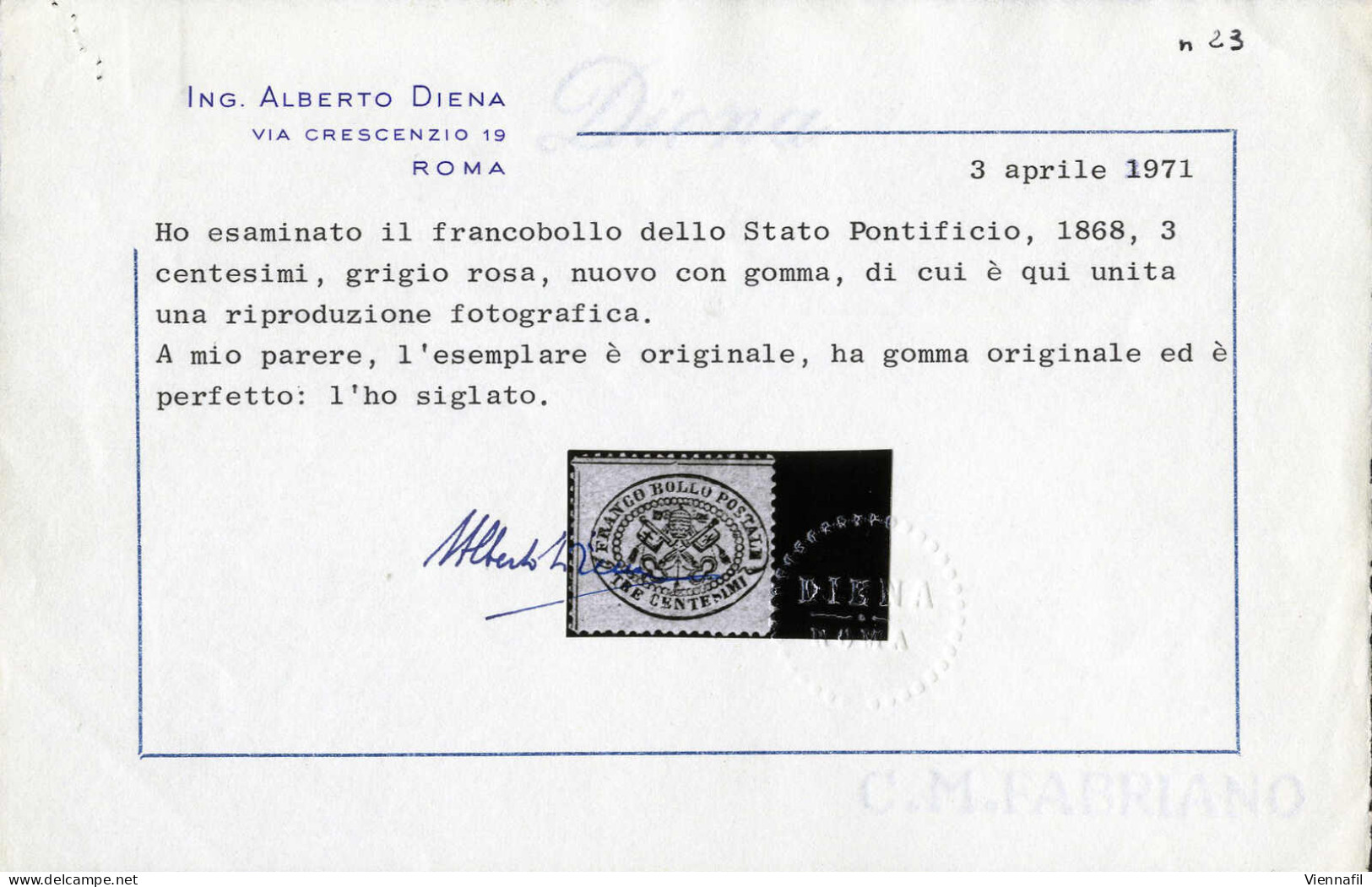 * 1868, 3 C. Grigio Rosa, Nuovo Con Gomma Originale Dent. 13, Cert. Alberto E Enzo Diena, Sass. 23 / 28000,- Michel 20b - Papal States