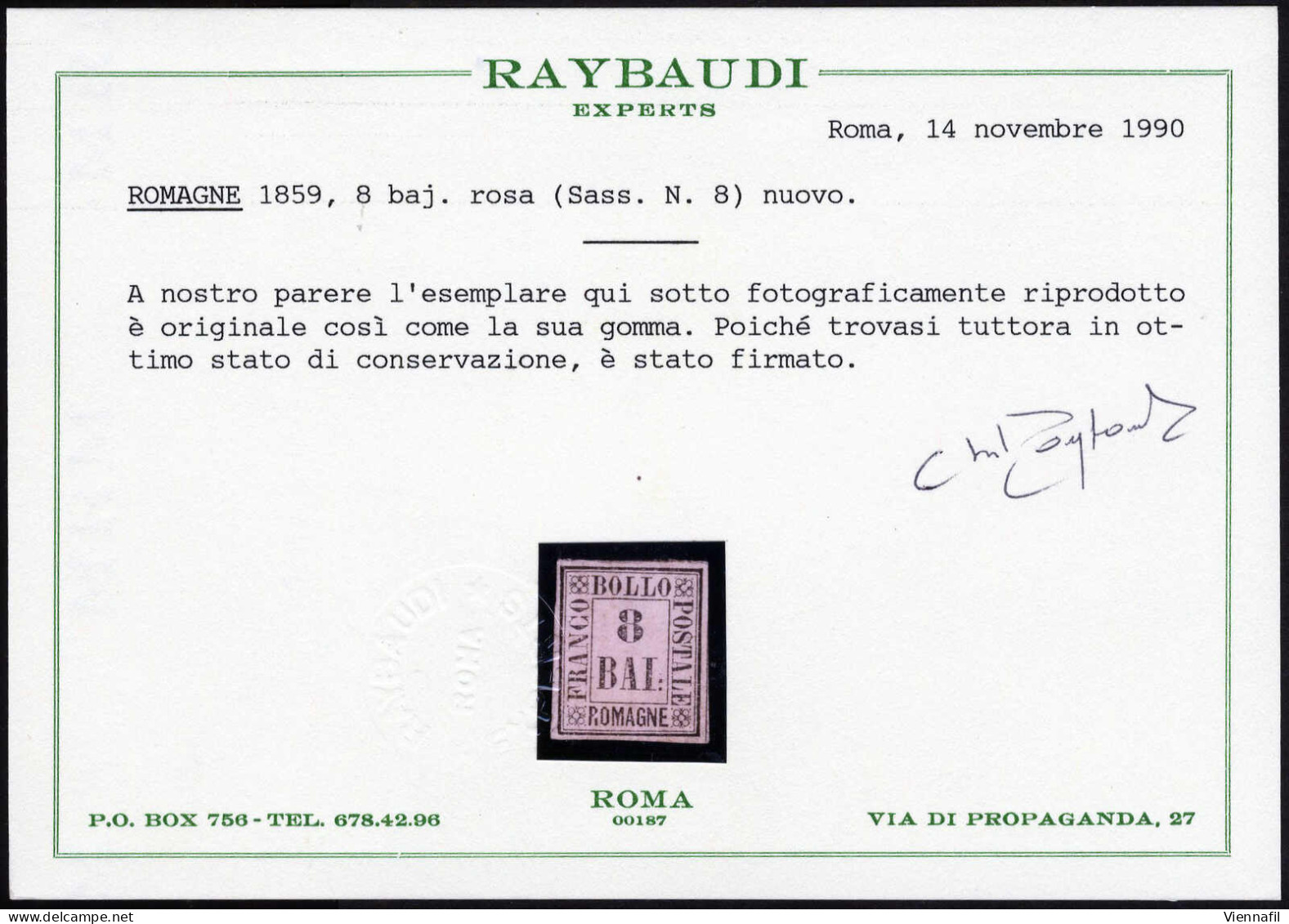 * 1859, Serie Completa Nove Valori Nuovi Con Gomma Originale, Cert. Bolaffi Per 2 B. E Tre Raybaudi Per 4,6,8 B. Sass. 1 - Romagna