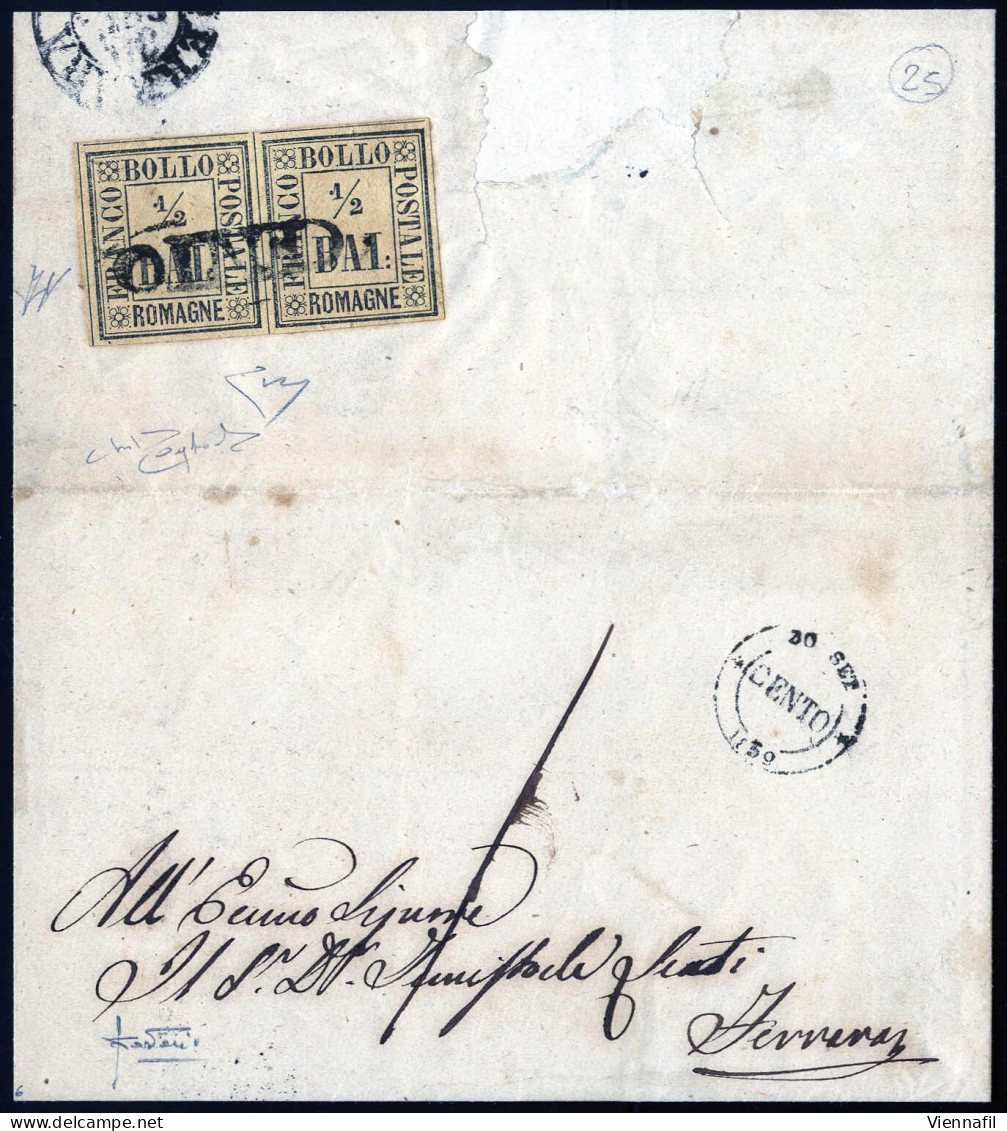 Cover 1859, Lettera Da Cento (SD Punti 6) Il 20.9 Per Ferrara Affrancata Con Coppia ½ B. Giallo Paglia, Firmata AD, Rayb - Romagna