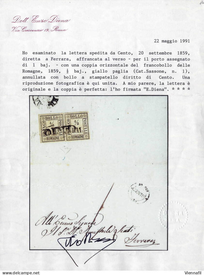 Cover 1859, Lettera Da Cento (SD Punti 6) Il 20.9 Per Ferrara Affrancata Con Coppia ½ B. Giallo Paglia, Firmata AD, Rayb - Romagne
