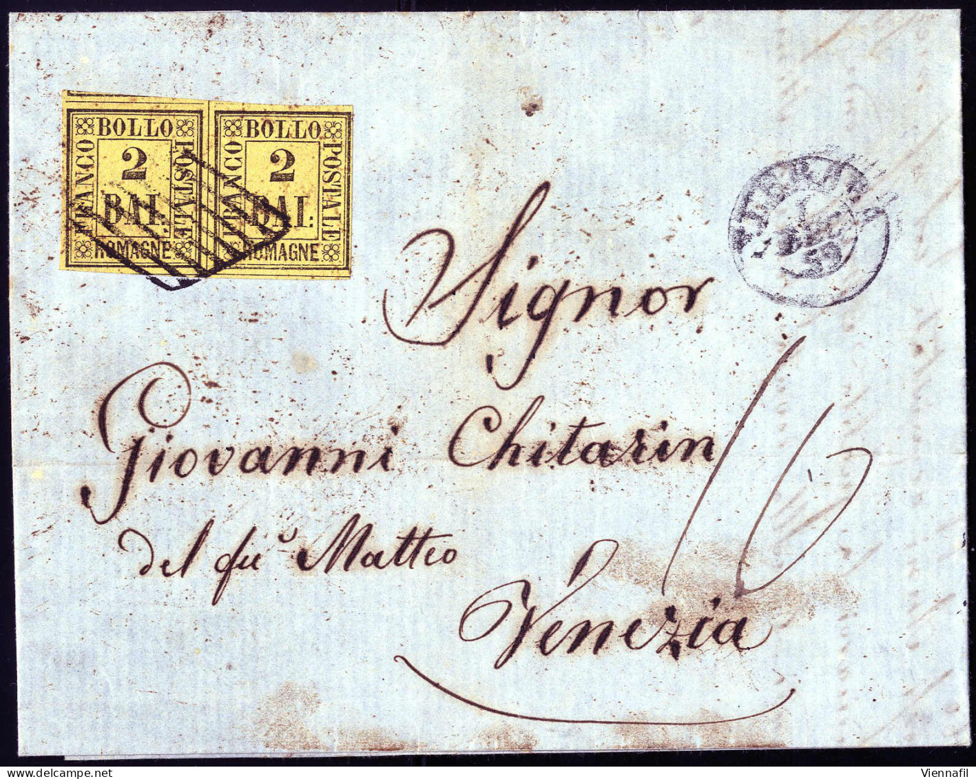 Cover 1859, Lettera Da Ferrara Il 1.12 Per Venezia Affrancata Con Coppia 2 B. Giallo Arancio, Sass. 3 / 5500,- - Romagna