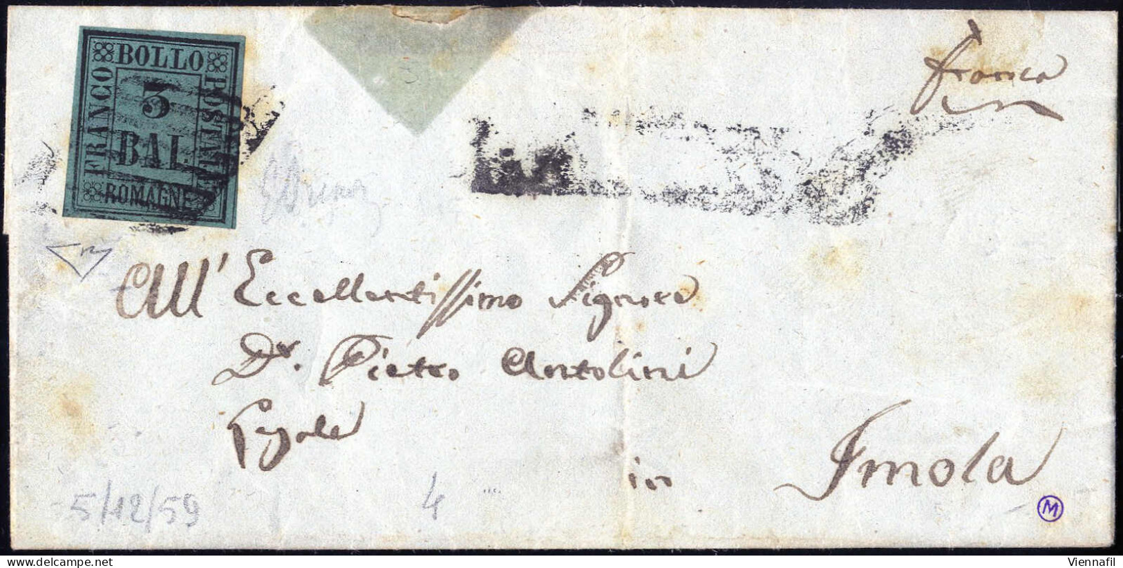 Cover 1859, 4 Lettere, Una Da Bologna Affrancata Con 1 B. Bruno Grigio Firmata Gazzi, Due Con 3 B. Verde Scuro (da Rimin - Romagne