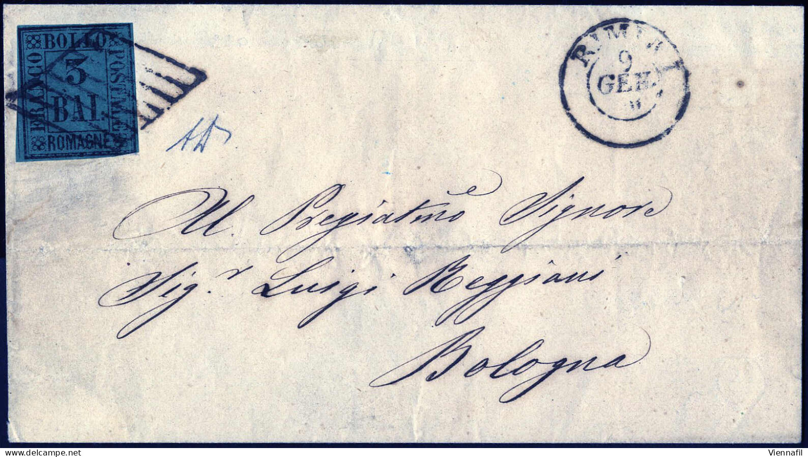 Cover 1859, 4 Lettere, Una Da Bologna Affrancata Con 1 B. Bruno Grigio Firmata Gazzi, Due Con 3 B. Verde Scuro (da Rimin - Romagna