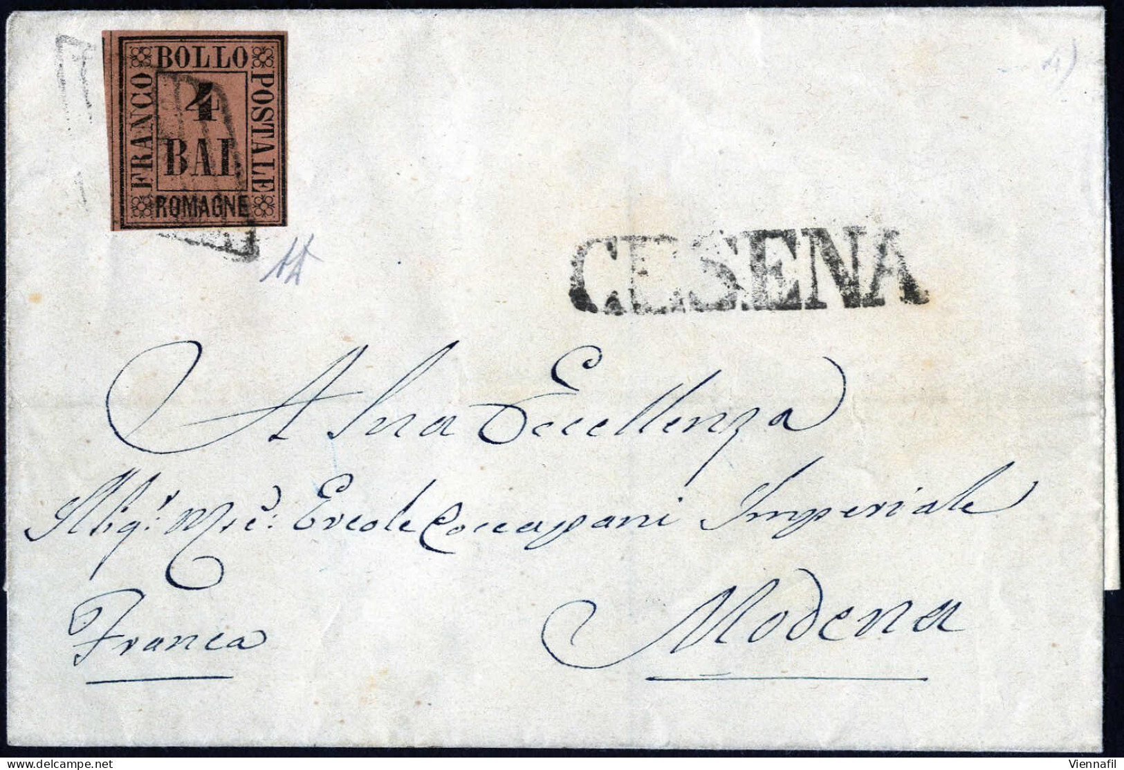 Cover 1859, 4 Lettere, Una Da Bologna Affrancata Con 1 B. Bruno Grigio Firmata Gazzi, Due Con 3 B. Verde Scuro (da Rimin - Romagna