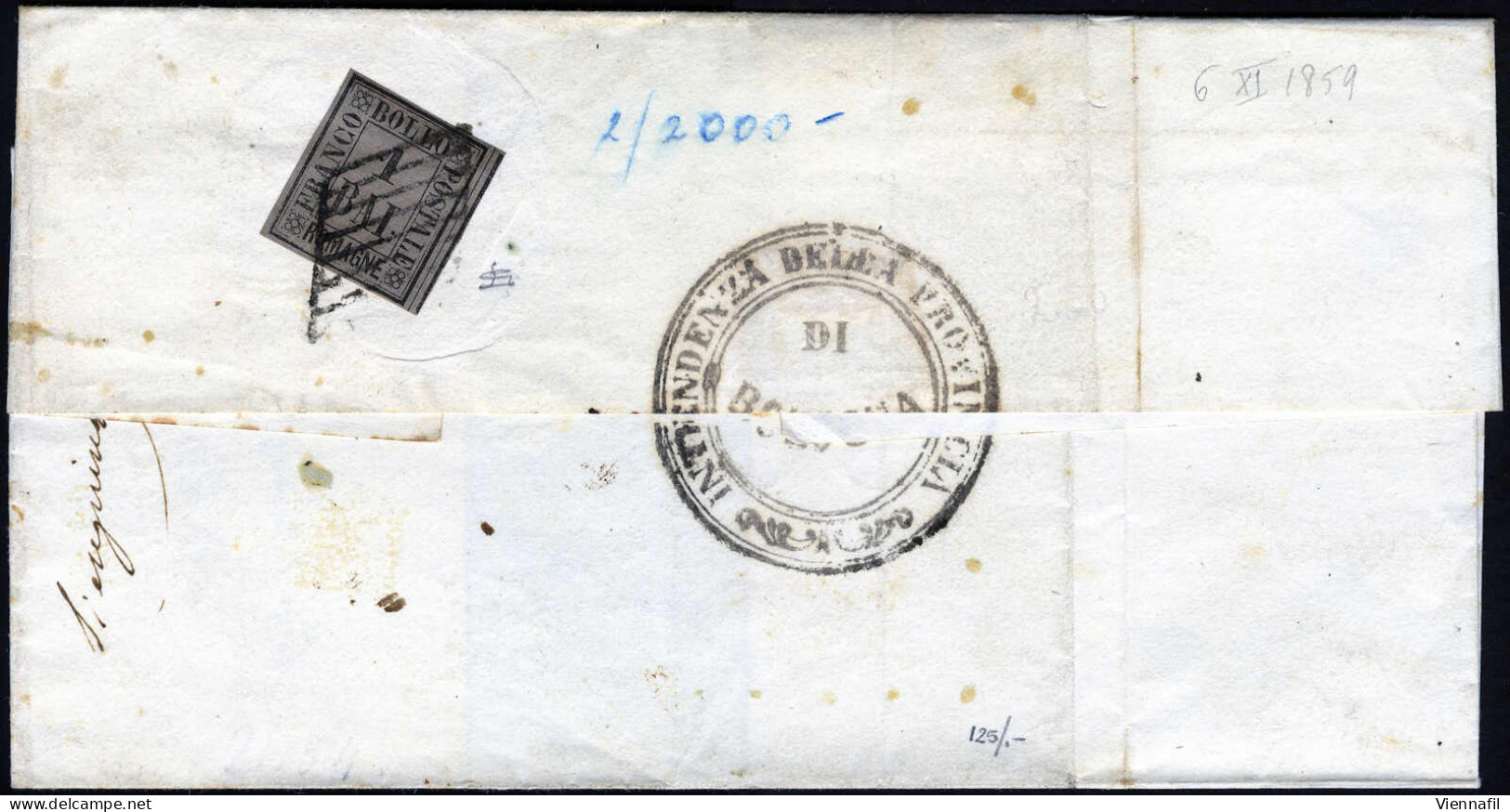 Cover 1859, 4 Lettere, Una Da Bologna Affrancata Con 1 B. Bruno Grigio Firmata Gazzi, Due Con 3 B. Verde Scuro (da Rimin - Romagne