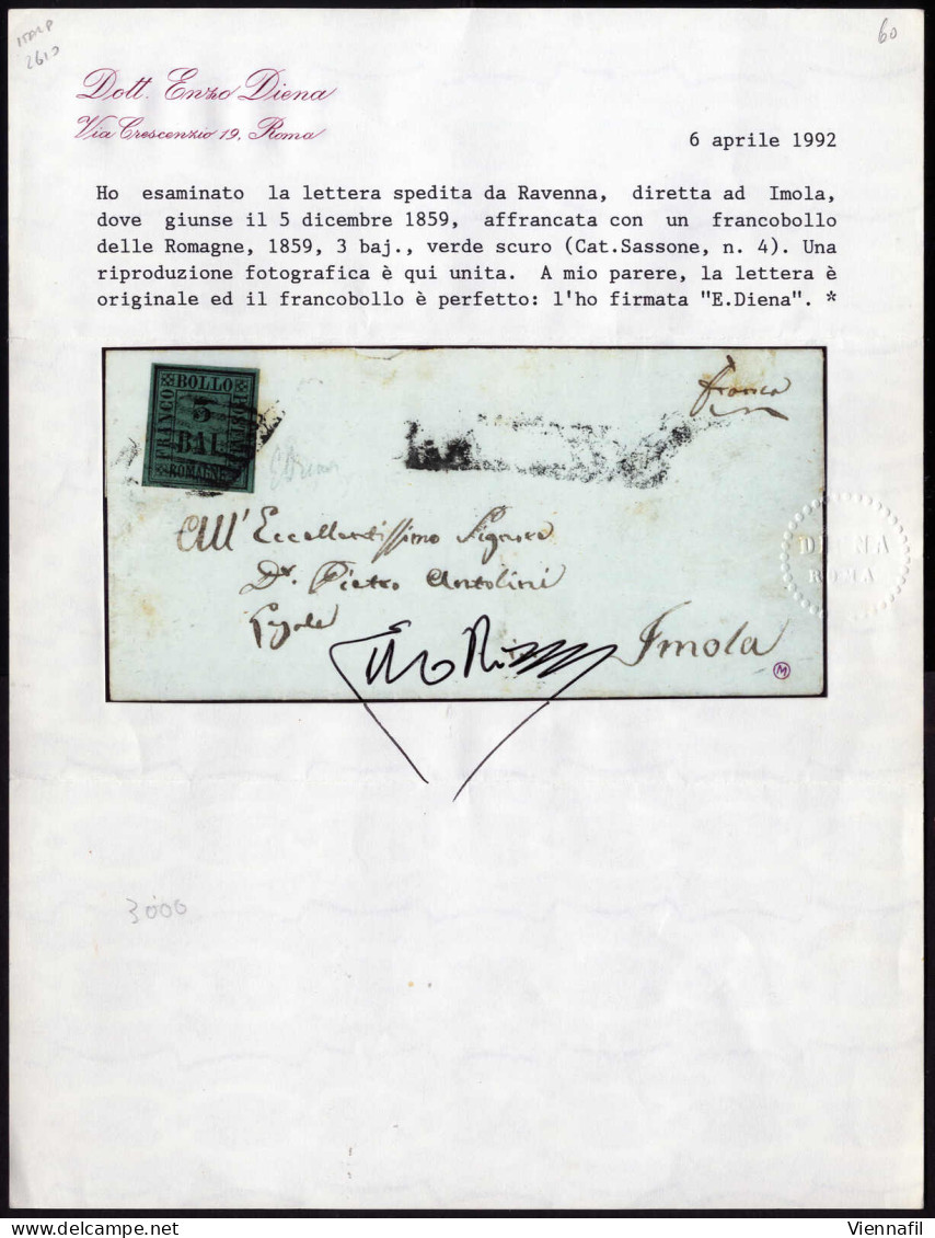 Cover 1859, 4 Lettere, Una Da Bologna Affrancata Con 1 B. Bruno Grigio Firmata Gazzi, Due Con 3 B. Verde Scuro (da Rimin - Romagna