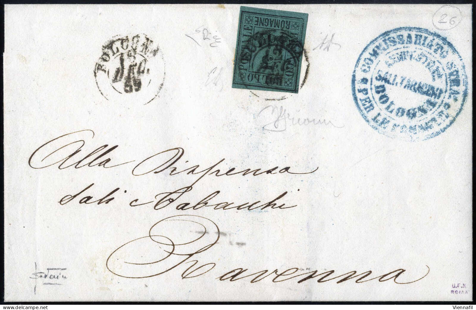 Cover 1859, Lettera Da Bologna Il 12.12 Per Ravenna Affrancata Con 3 B. Verde Scuro, Firmata AD, Emilio Diena, Grioni, S - Romagne