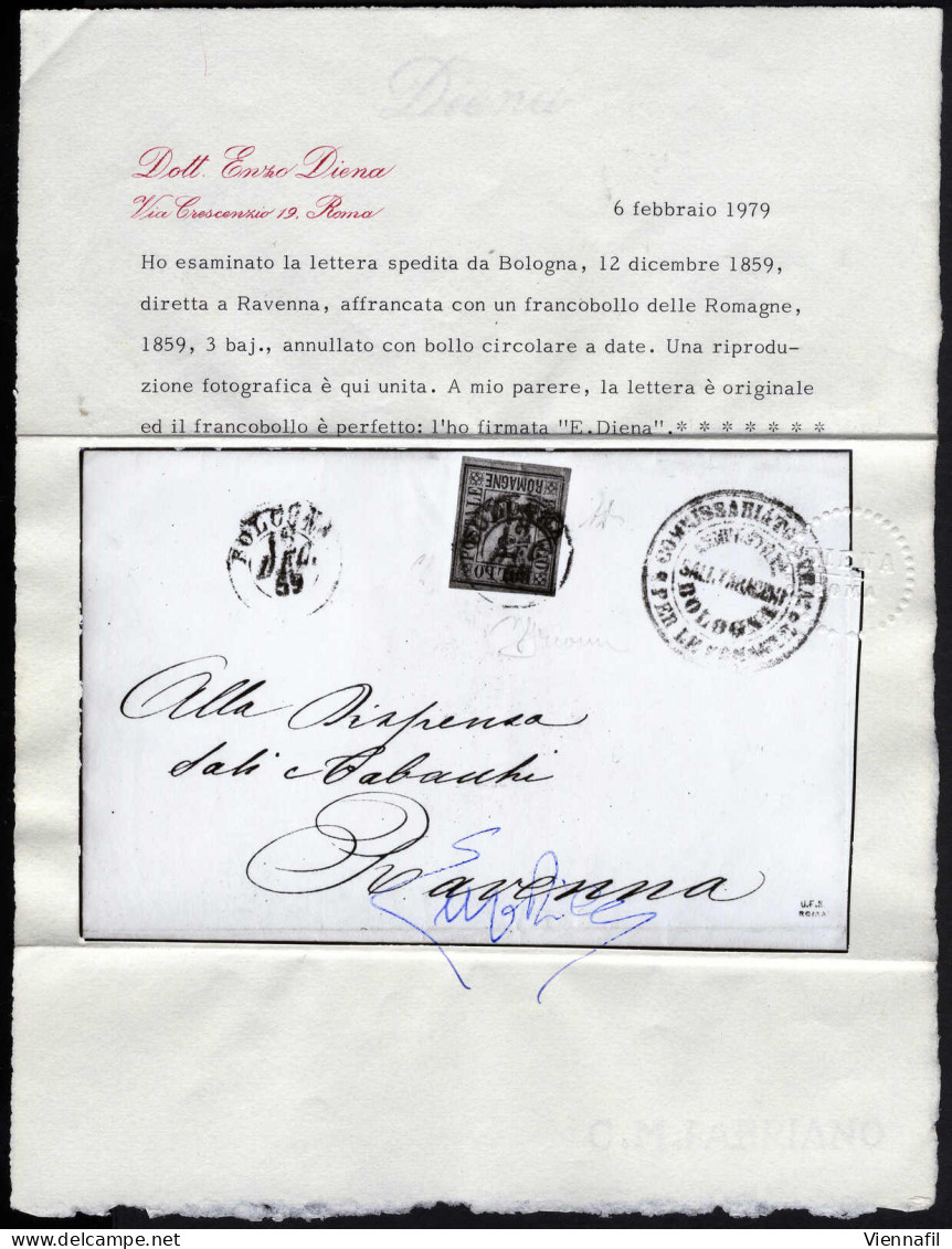 Cover 1859, Lettera Da Bologna Il 12.12 Per Ravenna Affrancata Con 3 B. Verde Scuro, Firmata AD, Emilio Diena, Grioni, S - Romagna