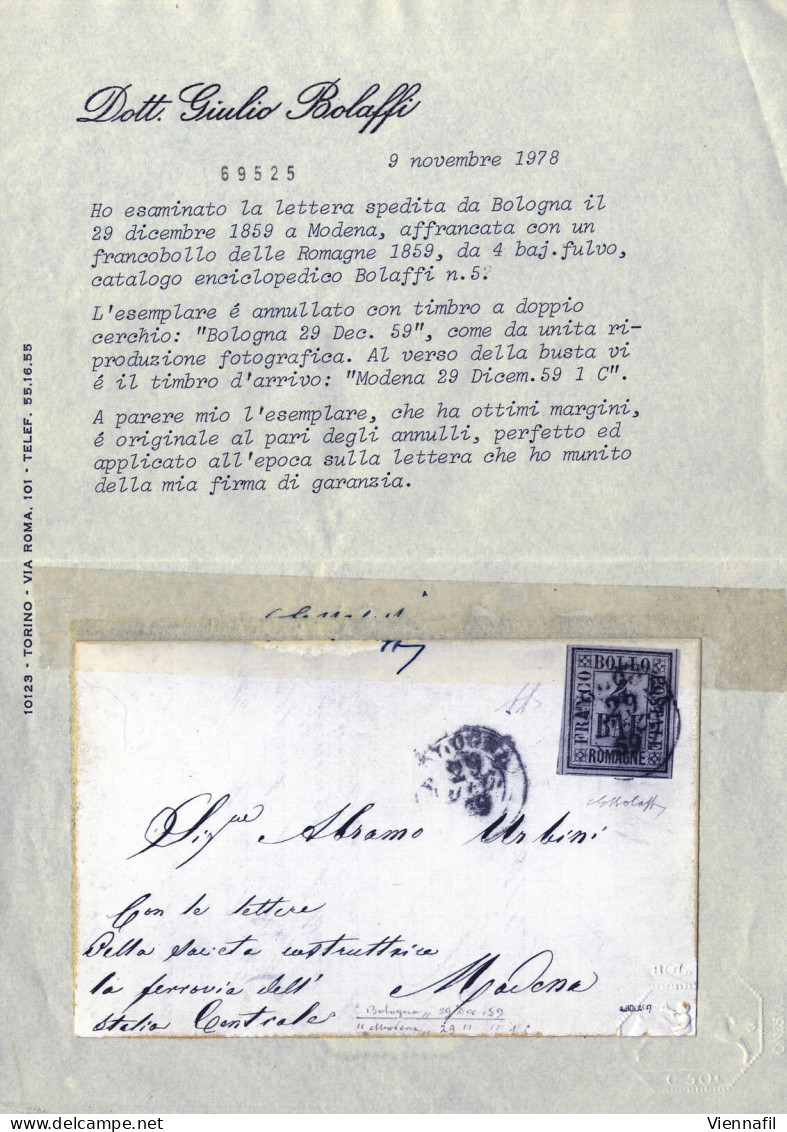 Cover 1859, Lettera Da Bologna Il 29.12 Per Modena Affrancata Con 4 B. Fulvo, Firmata AD, Cert. Bolaffi, Sass. 5 / 1625, - Romagne