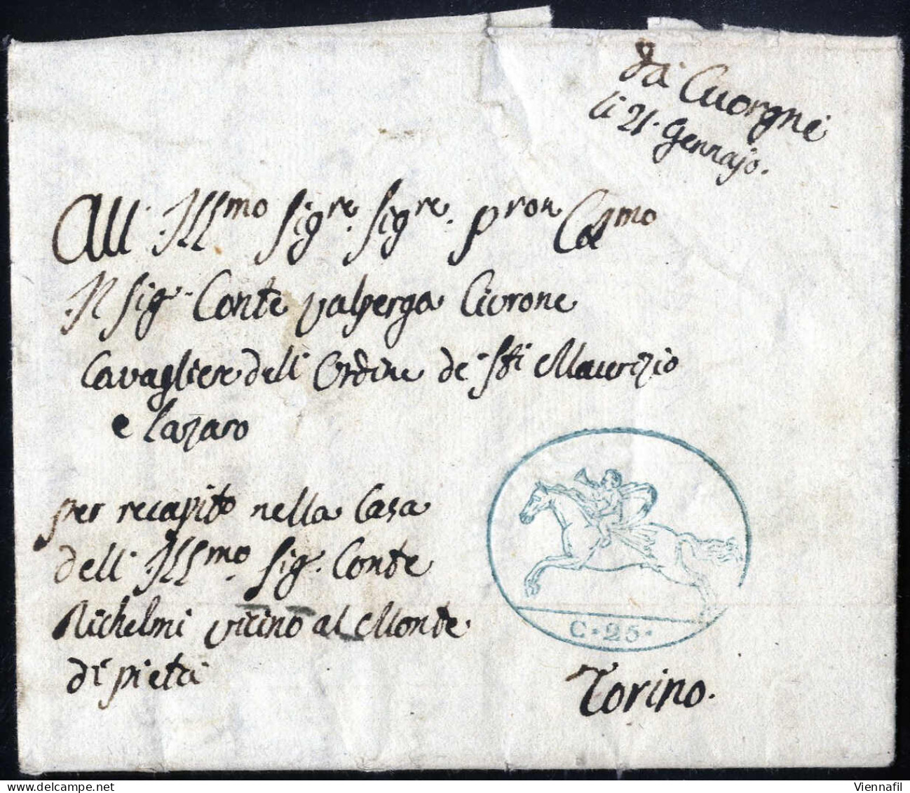 Cover 1819, "Cavallini", Lettera Da Cuorgnè Il 21.1 (primo Mese Da Cuorgnè) Per Torino, 25 C. Azzurro, Sass. 2 / 6000,- - Sardinien