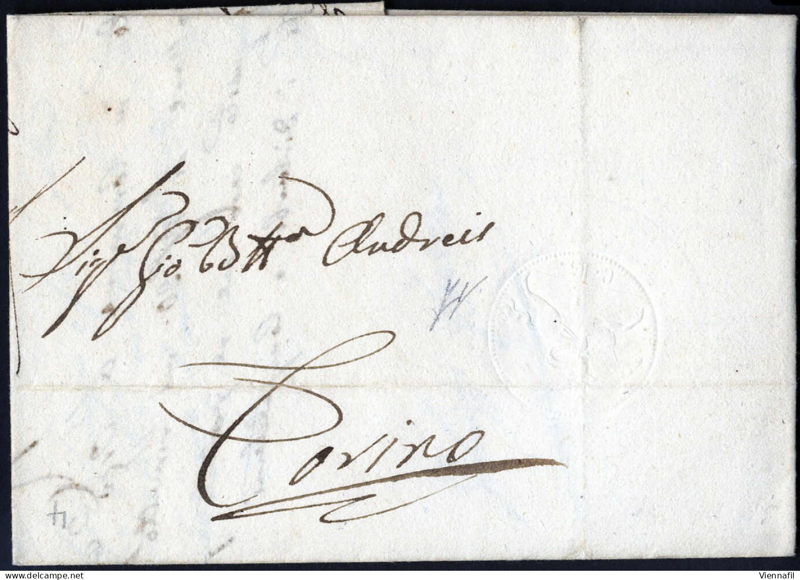 Cover 1819/25, "Cavallini", Cinque Lettere, Due Con Effigie In Azzuuro (non Leggibile 25 C.) Tre Con Impressione A Secco - Sardinië