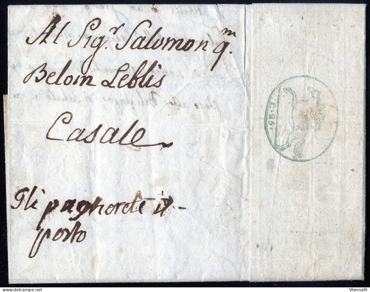 Cover 1819/25, "Cavallini", Cinque Lettere, Due Con Effigie In Azzuuro (non Leggibile 25 C.) Tre Con Impressione A Secco - Sardaigne