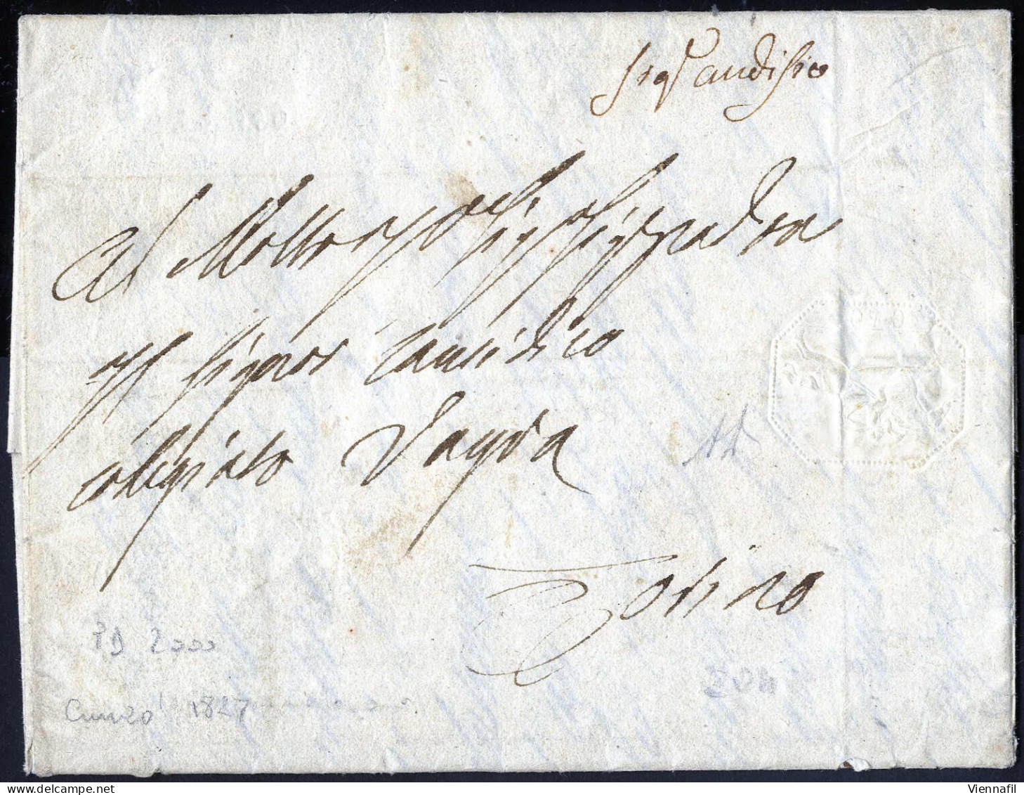 Cover 1827, "Cavallini", Lettera Da Cuneo Il 17.12 Per Torino, 50 C. Impressione A Secco, Firmata AD, Sass. 6 / 16000,- - Sardinia