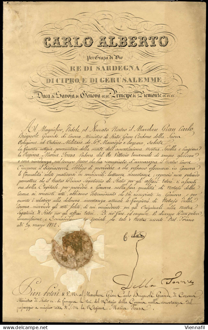 Cover 1832, Carlo Alberto, Decreto Autografo Di "C Alberto" Incarico A Gian Carlo Brignole Inerente La Morte Di "Maria T - Sardaigne