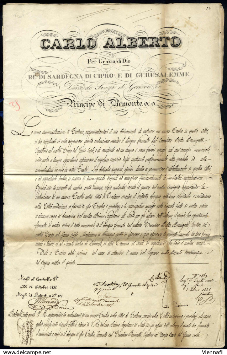 Cover 1835, Carlo Alberto, Decreto Autografo Di "C Alberto" Per La Costruzione Di Un Teatro A Tortona - Sardinia