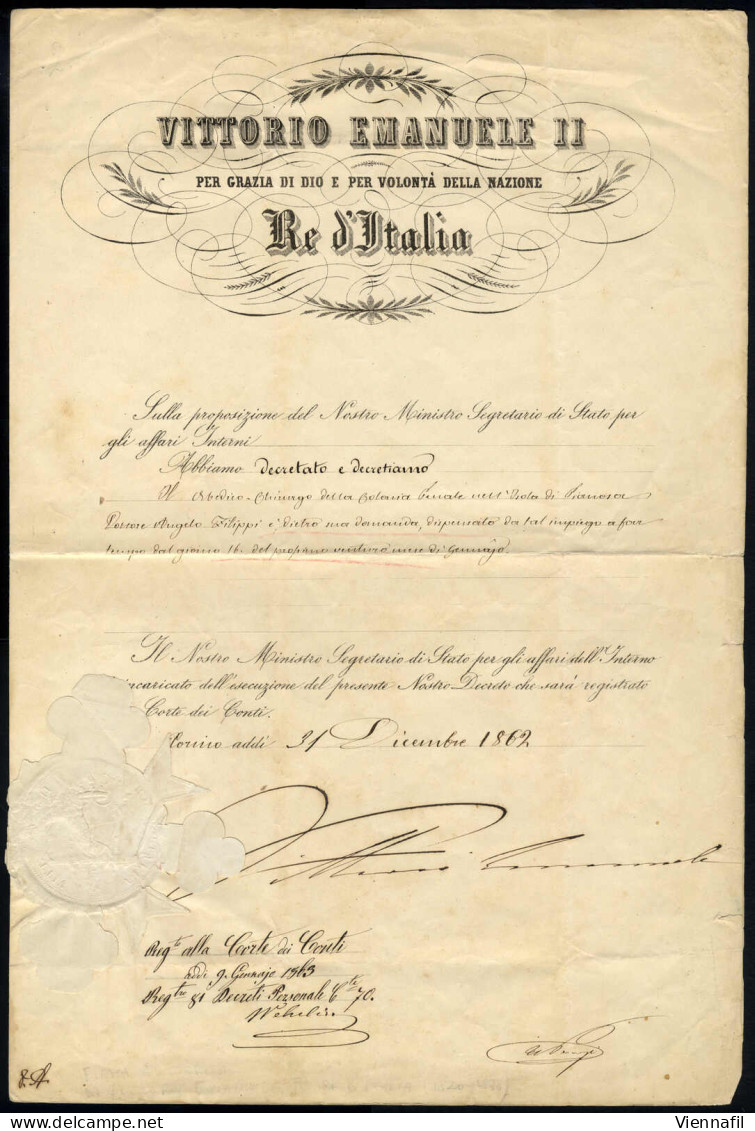 Cover 1862, Vittorio Emanuele II, Decreto A Firma Autografa "Vittorio Emanule" E Sigillo A Secco - Sardinië