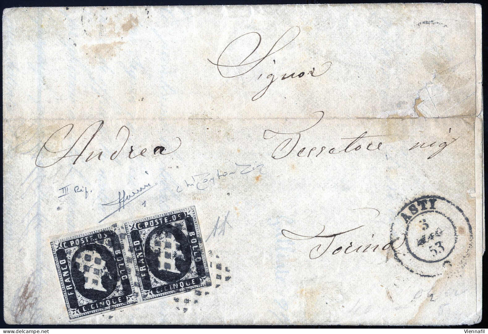 Cover 1853, Lettera Da Asti Il 3.5 Per Torino Affrancata Con Coppia 5 C. Nero, Cert. Sorani E Oro Raybaudi, Sass. 1 / 30 - Sardaigne