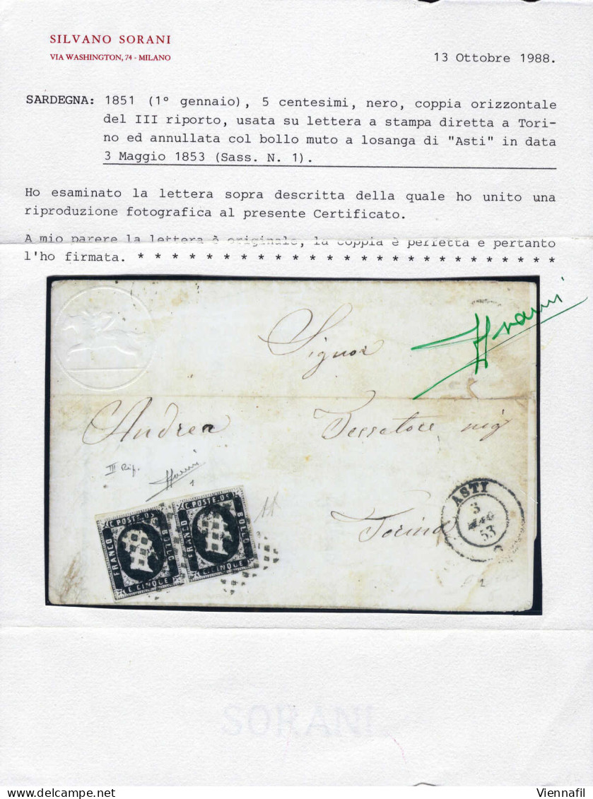 Cover 1853, Lettera Da Asti Il 3.5 Per Torino Affrancata Con Coppia 5 C. Nero, Cert. Sorani E Oro Raybaudi, Sass. 1 / 30 - Sardaigne
