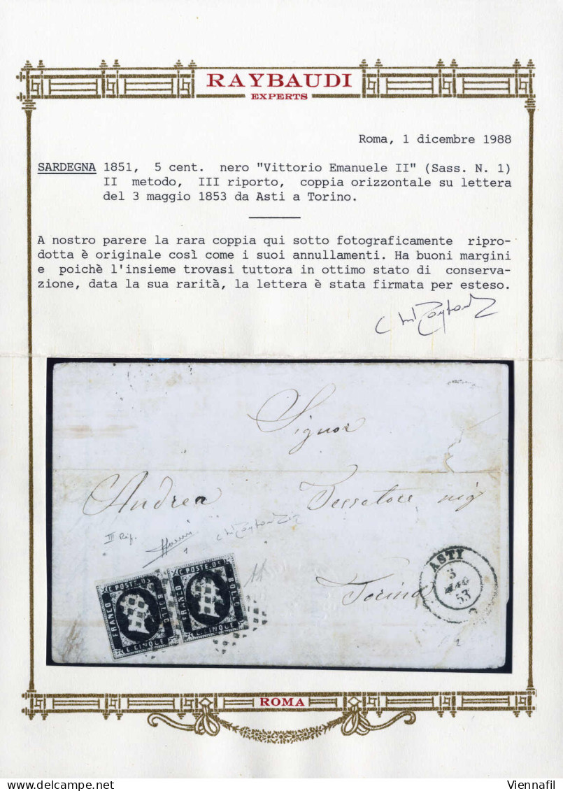 Cover 1853, Lettera Da Asti Il 3.5 Per Torino Affrancata Con Coppia 5 C. Nero, Cert. Sorani E Oro Raybaudi, Sass. 1 / 30 - Sardinia