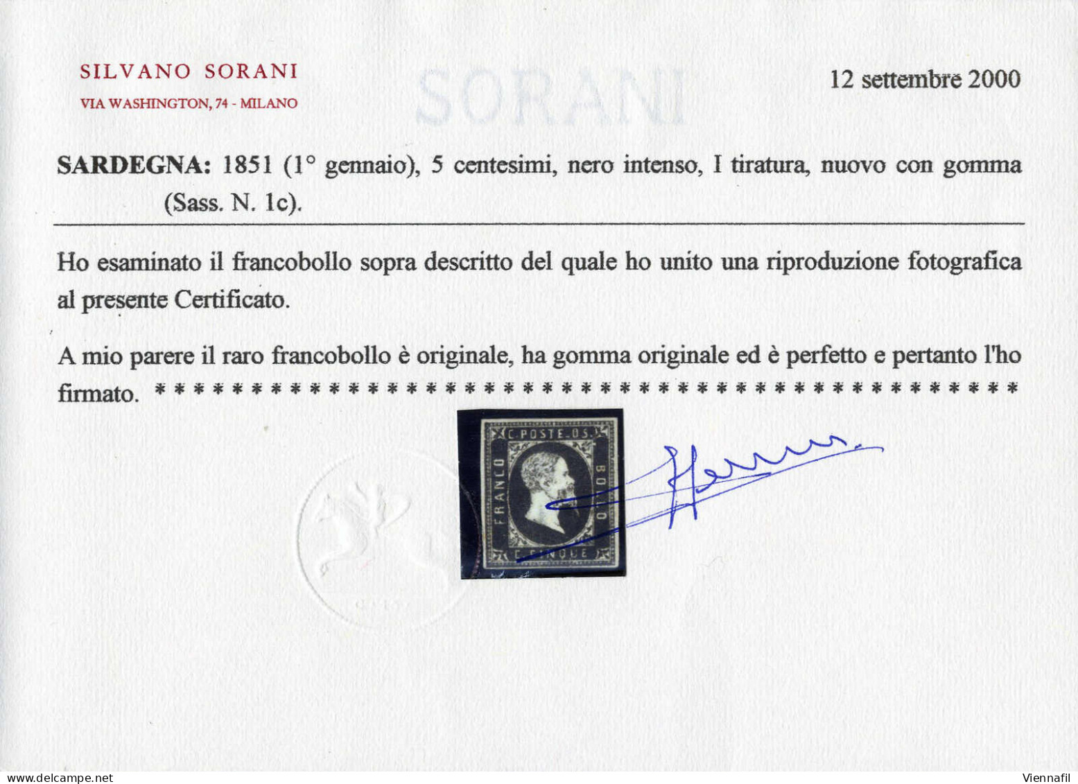 * 1851, 5 C. Nero Intenso, Nuovo Con Gomma Originale, Cert. Sorani, Sass. 1c / 36000,- Michel 1 - Sardinien