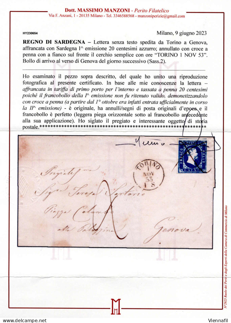 Cover 1853, Lettera Del 1.11.1853 Da Torino A Genova, Affrancata Con I. Em. 20 C. Azzurro, Tre Ampi Margini (a Filo In B - Sardinia