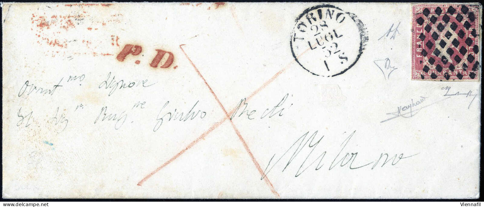 Cover 1852, Lettera Da Torino Del 28.7 Per Milano Affrancata Con 40 C. Rosa, Firmata AD E Raybaudi, Cert. Enzo Diena, Sa - Sardinien