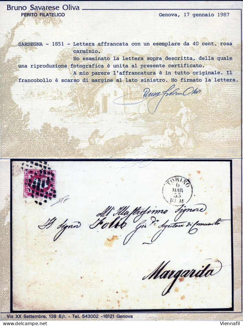 Cover 1853, Lettera Da Torino 6 MAR.53 Per Margarita Con C.40 Rosa Carminio Prima Emissione (3 Cat. 45000) Margini Da Su - Sardinië