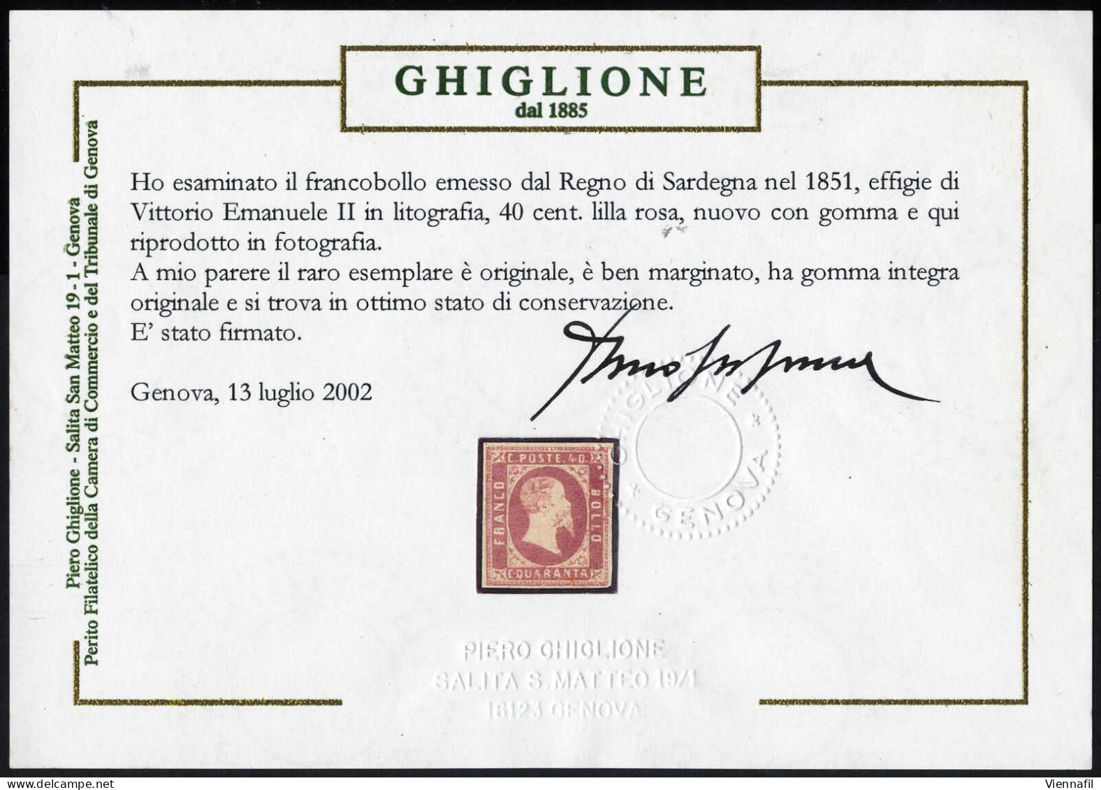 ** 1851, 40 C. Lilla Rosa, Nuovo Con Gomma Originale Integra, Cert. Sorani E Ghiglione, Sass. 3c / 93000,- Michel 3b - Sardinien