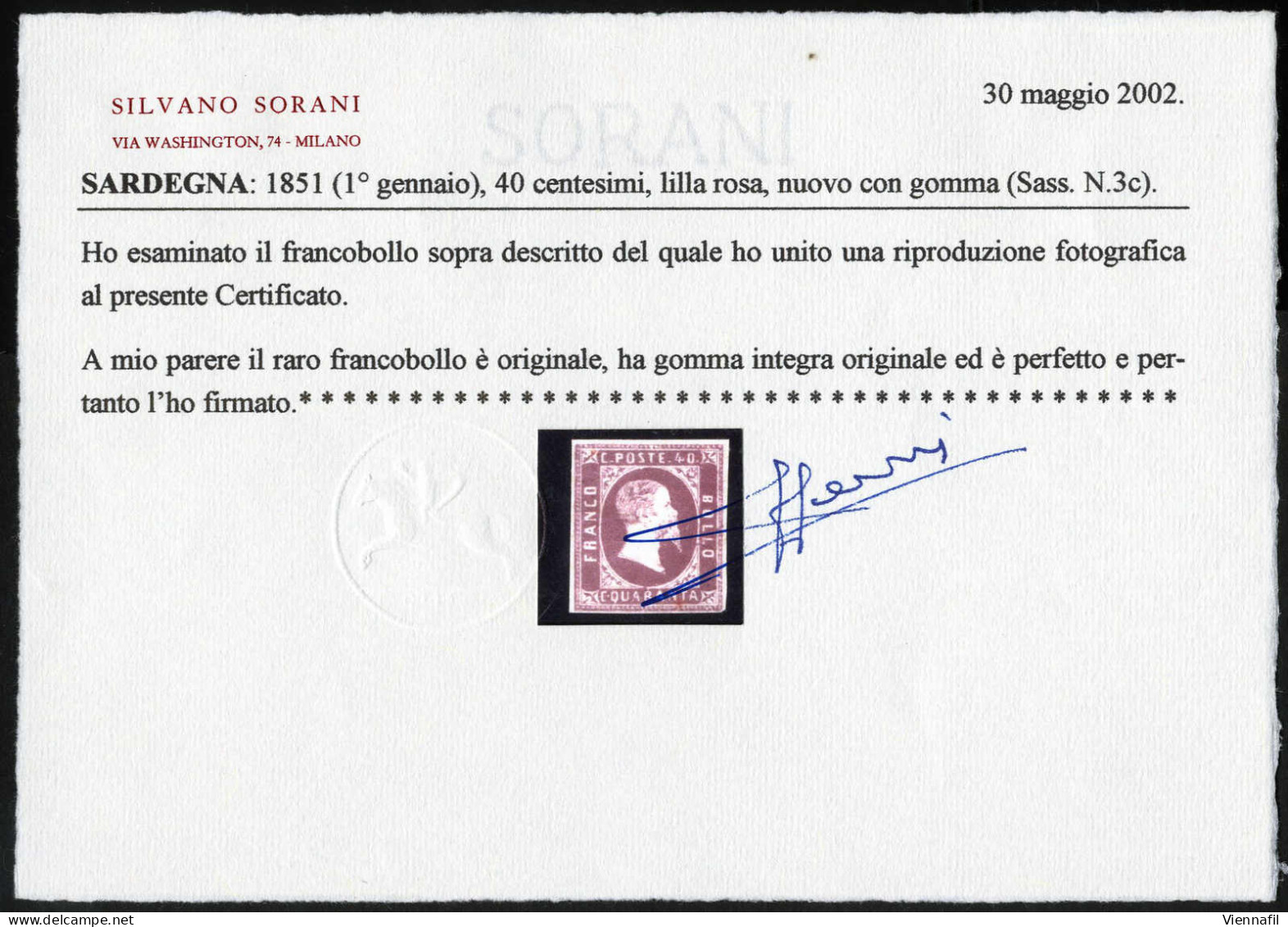 ** 1851, 40 C. Lilla Rosa, Nuovo Con Gomma Originale Integra, Cert. Sorani E Ghiglione, Sass. 3c / 93000,- Michel 3b - Sardaigne