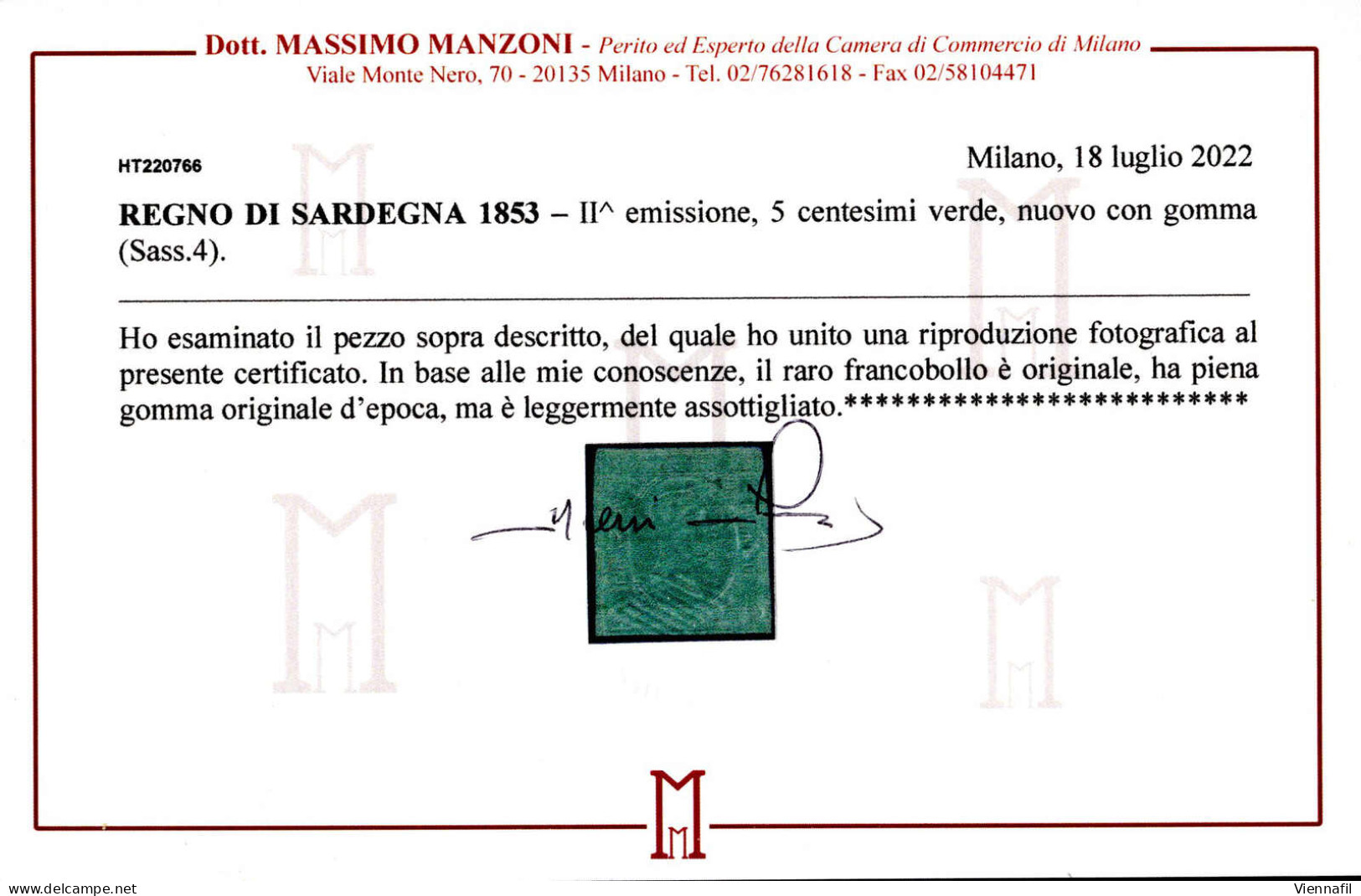 * 1853, II.a Emissione 5 Cent. Verde, Nuovo Con Piena Gomma Originale, Buoni Margini, Ma Leggermente Assottigliato; Fran - Sardinië