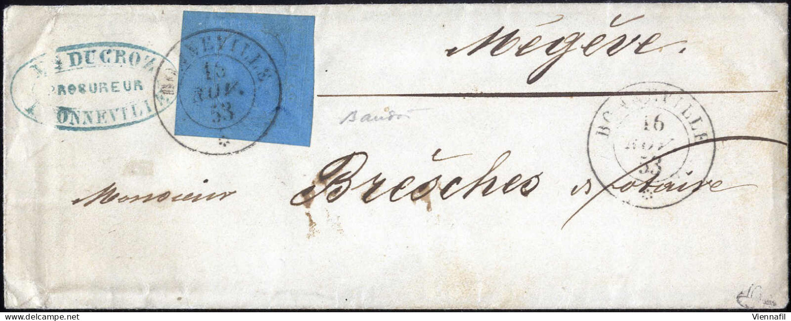 Cover 1853, Lettera Da Bonneville (d.c. Rosetta Punti 5) Il 16.11 Per Megeve Affrancata Con 20 C. Azzurro, Sass. 5 / 155 - Sardinia