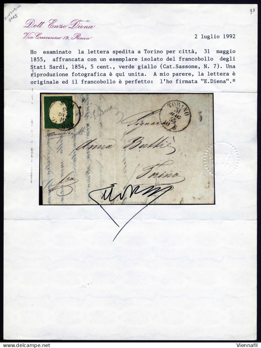 Cover 1855, Lettera Da Torino Il 31.5 Per Città Affrancata Con 5 C. Verde Giallo, Isolato, Cert. Enzo Diena, Sass. 7 / 1 - Sardinië