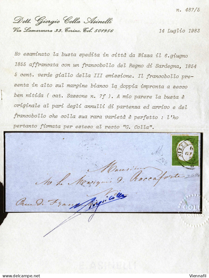 Cover Lettera Per Cittá Affrancata Con C.5 Verde Giallo (7f) Con Nel Margine Superiore La Nitida Doppia Impronta A Secco - Sardaigne