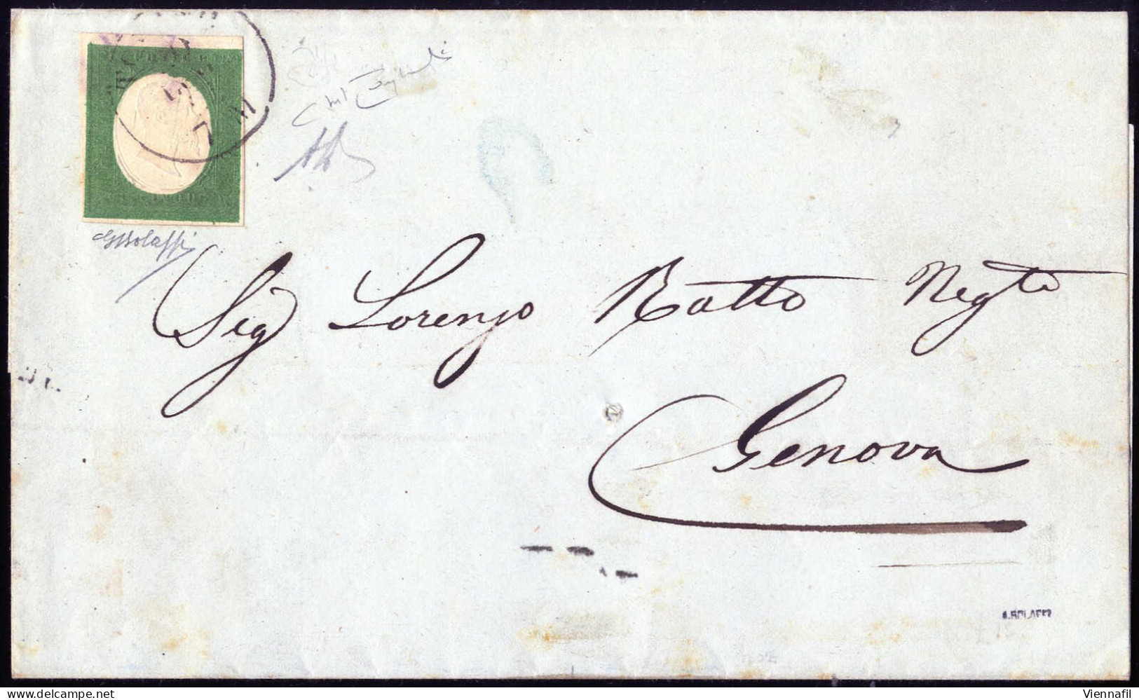 Cover 1855, Circolare Da Torino Il 19.7 Per Genova Affrancata Con 5 C. Verde Azzurro Isolato, Firmata AD E Bolaffi, Cert - Sardaigne