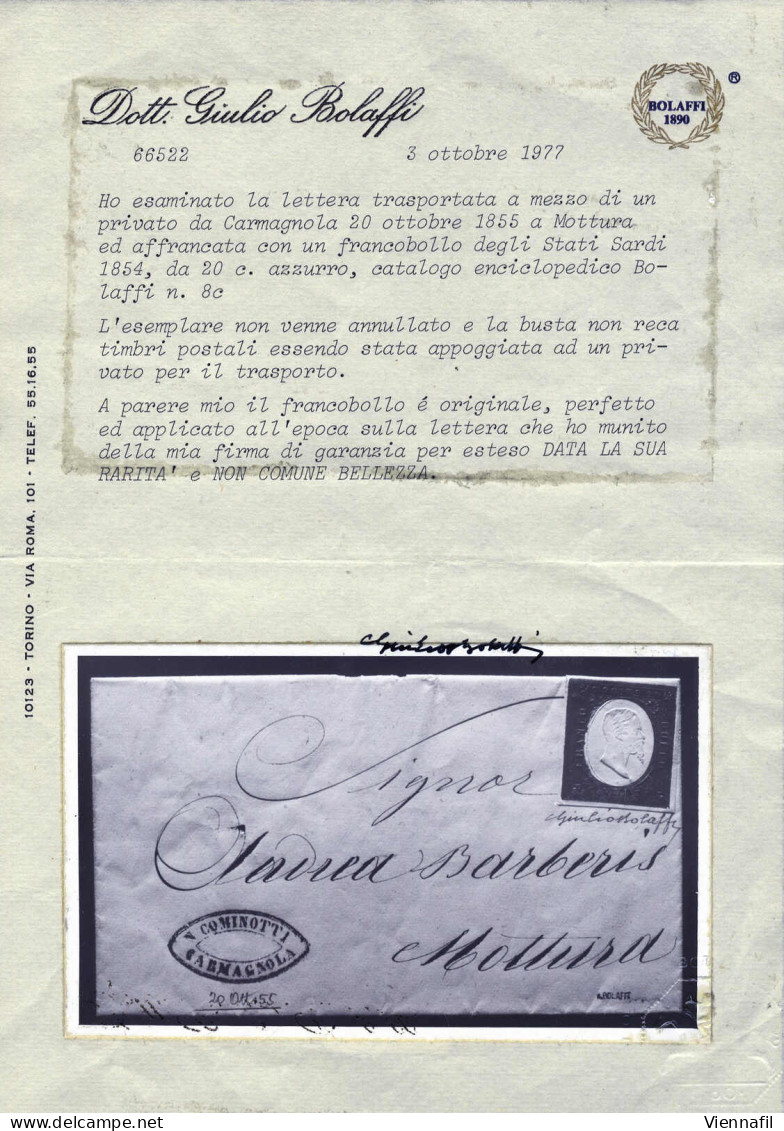 Cover 1855, Lettera Da Carmagnola Il 20.10 Per Mottura Affrancata Con 20 C. Azzurro, Non Timbrato In Quanto Trasportata  - Sardaigne