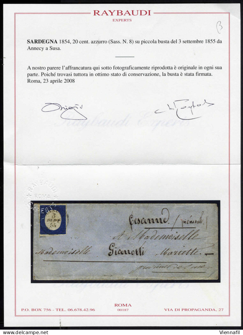 Cover 1855, Tre Lettere Da Annecy Per Susa Affrancate Con 20 C. Azzurro (due) E Azzurro Chiaro (una), Tre Cert. Raybaudi - Sardaigne